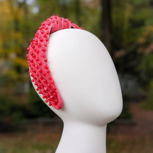 Coral Pink Beaded Knot Velvet Headband Deep Pink Acrylic Beads Handmade Knotted main image 5